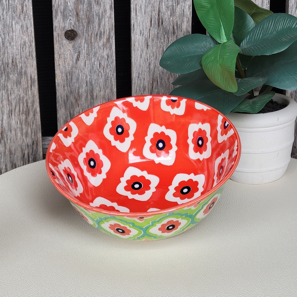 Certified International Coral & Lime Green Geometric Bowl